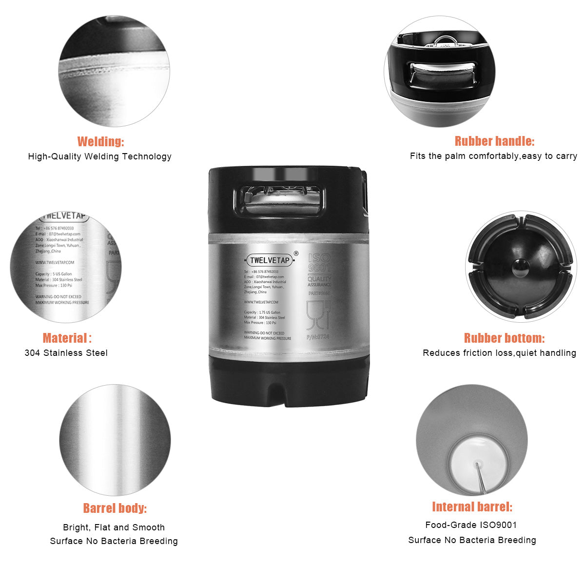 TWELVETAP 1.75 Gal Rubber Handle Corney Beer Keg 6.5L Premium Stainless Steel Homebrew Growler Leak Proof Lid Soda Barrel Home Brew