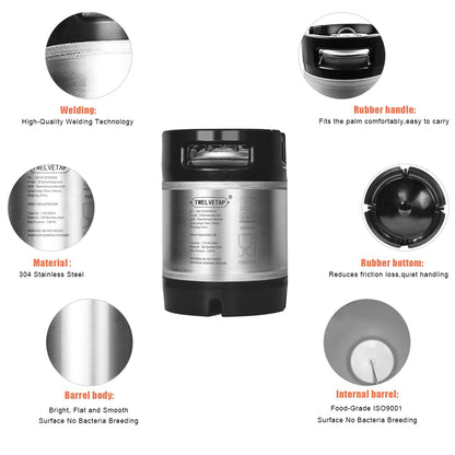 TWELVETAP 1.75 Gal Rubber Handle Corney Beer Keg 6.5L Premium Stainless Steel Homebrew Growler Leak Proof Lid Soda Barrel Home Brew