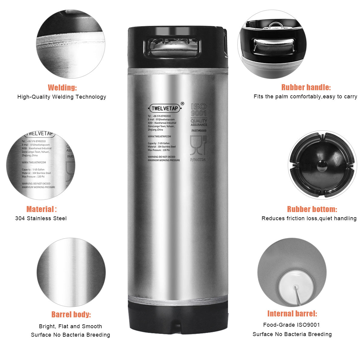 TWELVETAP 5Gal/19L Beer Keg Corny Tank 304 Stainless Steel Coke Syrup Milk Soda Barrel Rubber Handle Bucket Ball Lock Cornelius Style