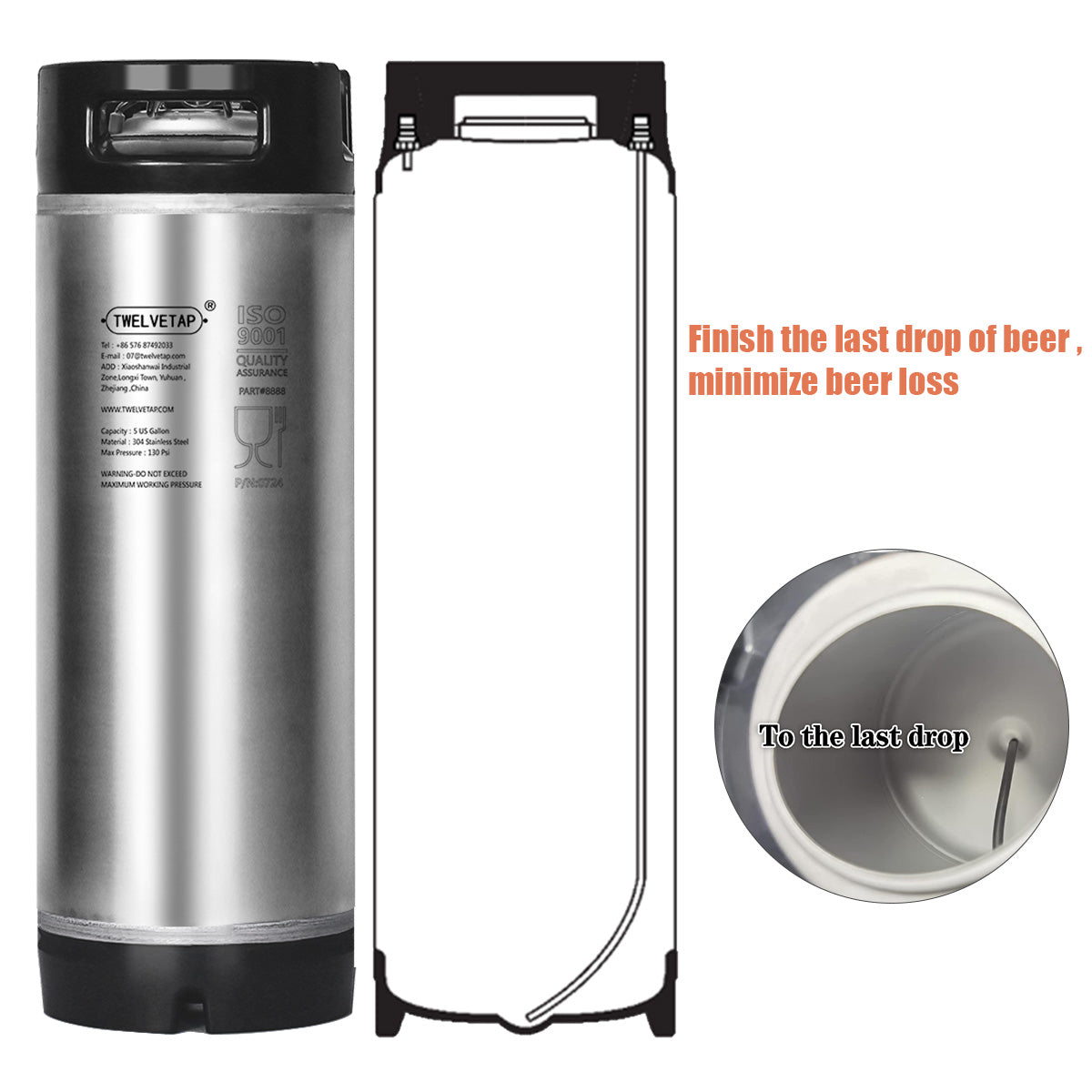 TWELVETAP 5Gal/19L Beer Keg Corny Tank 304 Stainless Steel Coke Syrup Milk Soda Barrel Rubber Handle Bucket Ball Lock Cornelius Style