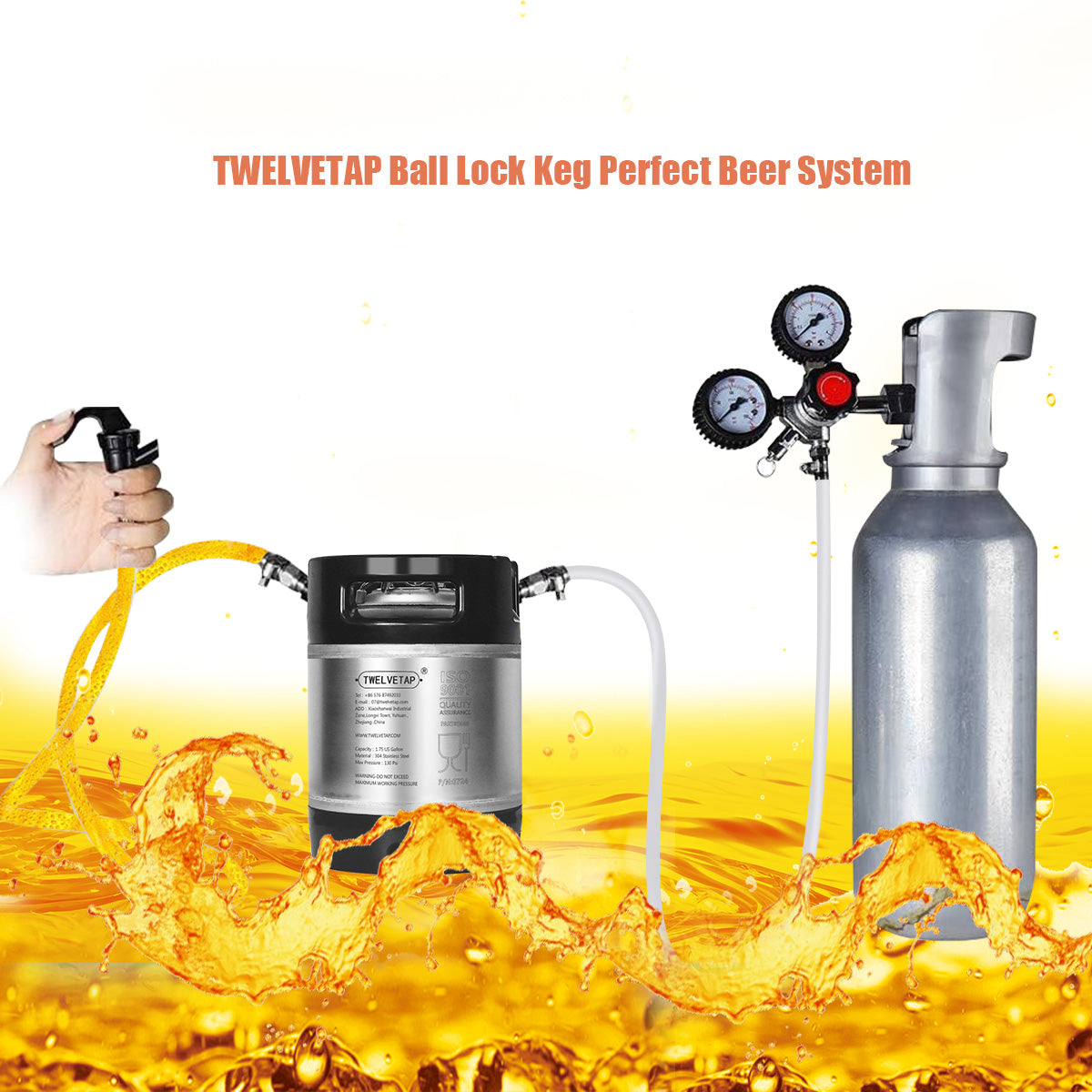 TWELVETAP 1.75 Gal Rubber Handle Corney Beer Keg 6.5L Premium Stainless Steel Homebrew Growler Leak Proof Lid Soda Barrel Home Brew